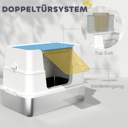 Kissan wc hiekkalaatikko ruostumaton teräs XL 60,2 x 40,2 x 44,5 cm vaaleanharmaa läpinäkyvällä kannella ja lapiolla