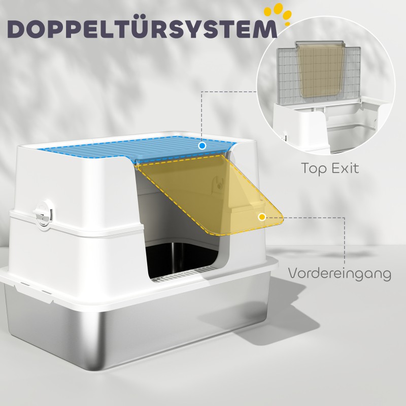 Kissan wc hiekkalaatikko ruostumaton teräs XL 60,2 x 40,2 x 44,5 cm vaaleanharmaa läpinäkyvällä kannella ja lapiolla