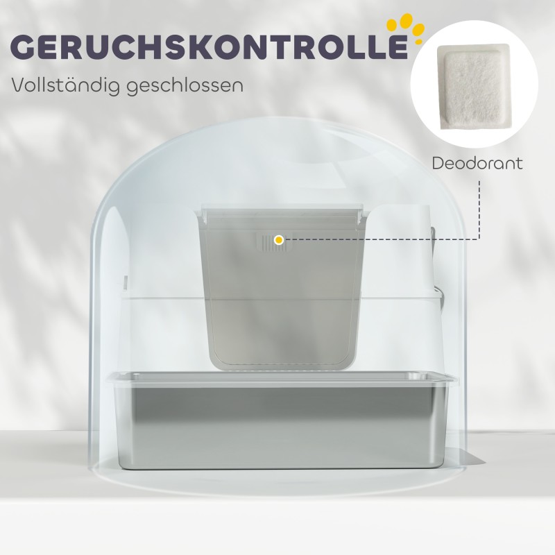 Kissan wc hiekkalaatikko ruostumaton teräs XL 60,2 x 40,2 x 44,5 cm vaaleanharmaa läpinäkyvällä kannella ja lapiolla