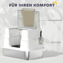 Kissan wc hiekkalaatikko ruostumaton teräs XL 60,2 x 40,2 x 44,5 cm vaaleanharmaa läpinäkyvällä kannella ja lapiolla