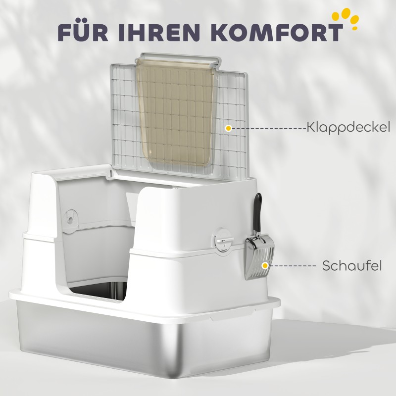 Kissan wc hiekkalaatikko ruostumaton teräs XL 60,2 x 40,2 x 44,5 cm vaaleanharmaa läpinäkyvällä kannella ja lapiolla