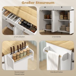 Siirrettävä keittiösaareke, 2 laatikkoa, 2 kaappia, maustehylly, pyyhe- ja veitsiteline, MDF, valkoinen luonnonpuutasolla