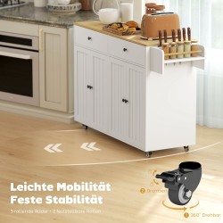 Siirrettävä keittiösaareke, 2 laatikkoa, 2 kaappia, maustehylly, pyyhe- ja veitsiteline, MDF, valkoinen luonnonpuutasolla