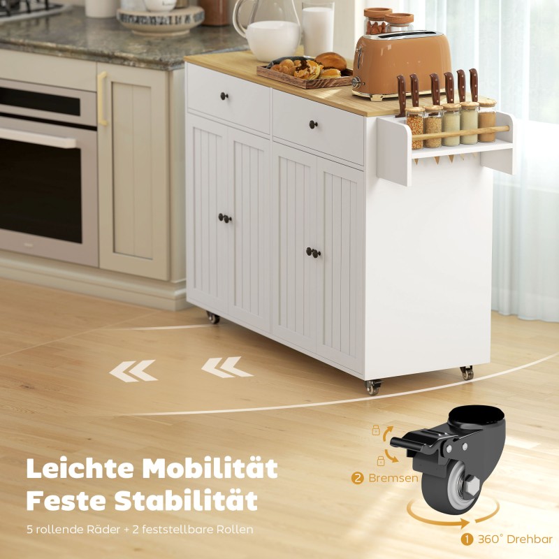 Siirrettävä keittiösaareke, 2 laatikkoa, 2 kaappia, maustehylly, pyyhe- ja veitsiteline, MDF, valkoinen luonnonpuutasolla