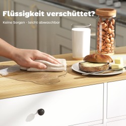 Siirrettävä keittiösaareke, 2 laatikkoa, 2 kaappia, maustehylly, pyyhe- ja veitsiteline, MDF, valkoinen luonnonpuutasolla