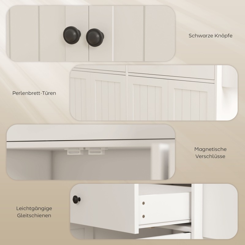 Siirrettävä keittiösaareke, 2 laatikkoa, 2 kaappia, maustehylly, pyyhe- ja veitsiteline, MDF, valkoinen luonnonpuutasolla