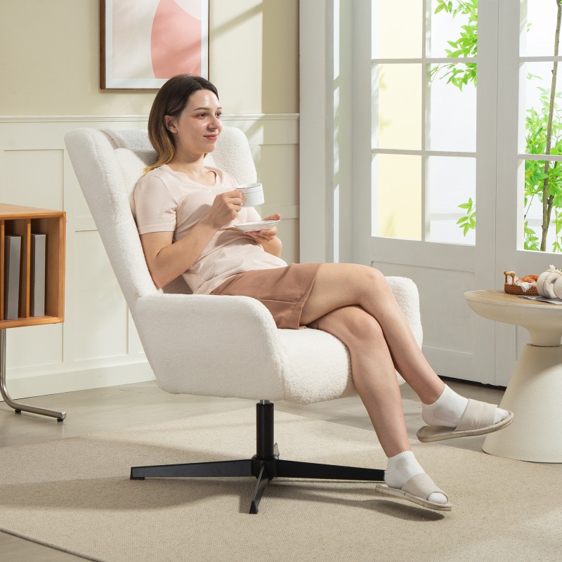 Nojatuoli sherpa-fleece-verhoilu, kääntyvä metallijalka, korkea selkänoja, creme/musta