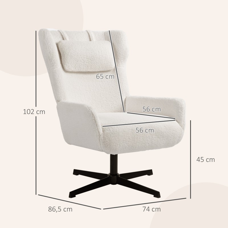 Nojatuoli sherpa-fleece-verhoilu, kääntyvä metallijalka, korkea selkänoja, creme/musta