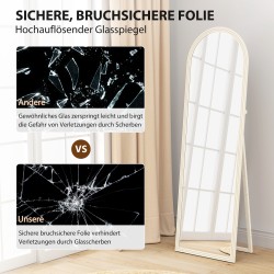 Koko vartalon lattiapeili ja seinäpeili, karkaistu lasi, 50 x 160 cm, valkoinen kaareva kehys