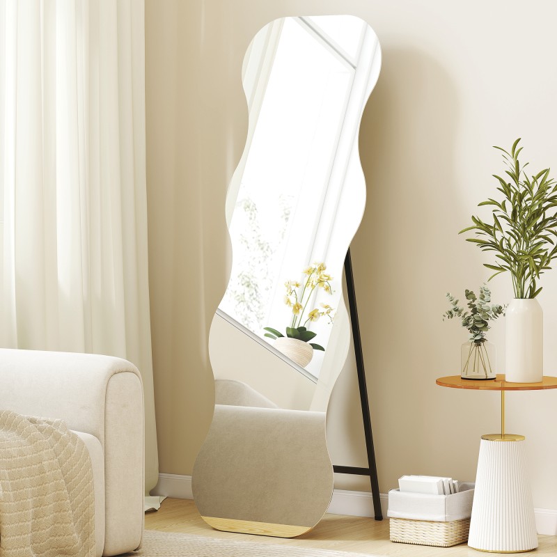 Kokovartalopeili ilman kehystä aaltoileva muoto 160 x 50 cm mäntypuujalusta musta