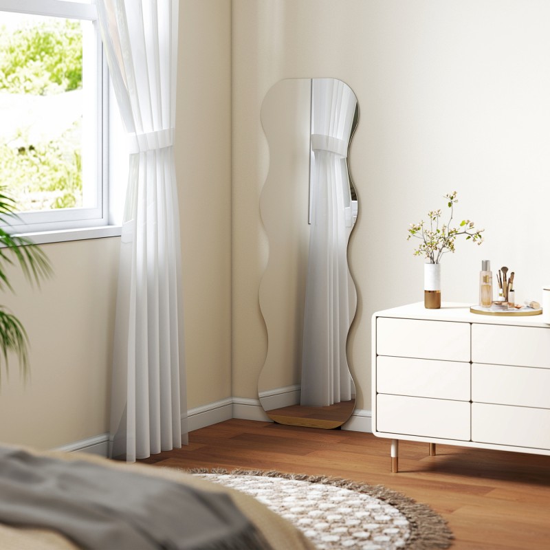 Kokovartalopeili ilman kehystä aaltoileva muoto 160 x 50 cm mäntypuujalusta musta