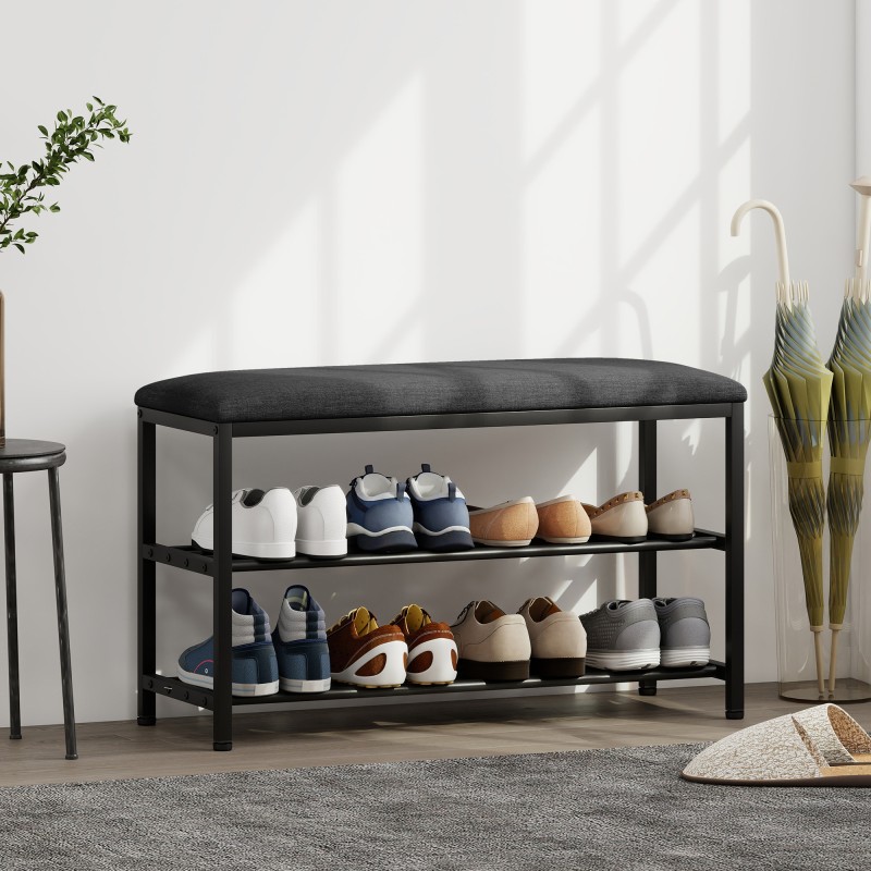 Kenkäpenkki istuimella ja säilytyshyllyillä, metalli, 81 x 31 x 50 cm, musta/tummanharmaa