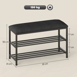 Kenkäpenkki istuimella ja säilytyshyllyillä, metalli, 81 x 31 x 50 cm, musta/tummanharmaa
