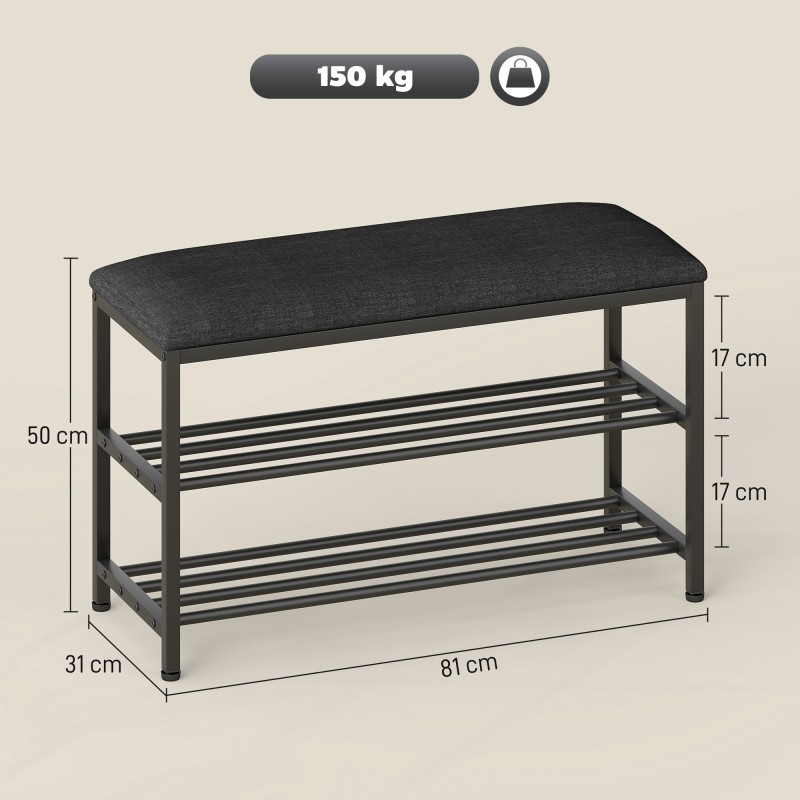 Kenkäpenkki istuimella ja säilytyshyllyillä, metalli, 81 x 31 x 50 cm, musta/tummanharmaa