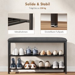 Kenkäpenkki istuimella ja säilytyshyllyillä, metalli, 81 x 31 x 50 cm, musta/tummanharmaa