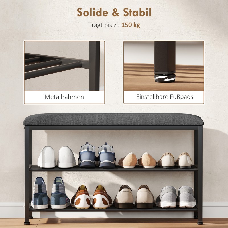 Kenkäpenkki istuimella ja säilytyshyllyillä, metalli, 81 x 31 x 50 cm, musta/tummanharmaa