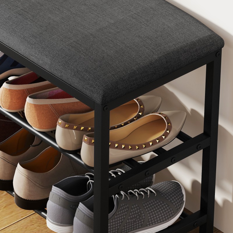 Kenkäpenkki istuimella ja säilytyshyllyillä, metalli, 81 x 31 x 50 cm, musta/tummanharmaa