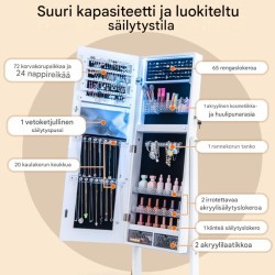 Valkoinen korukaappi peilillä ja 3-värisellä LED-valaistuksella