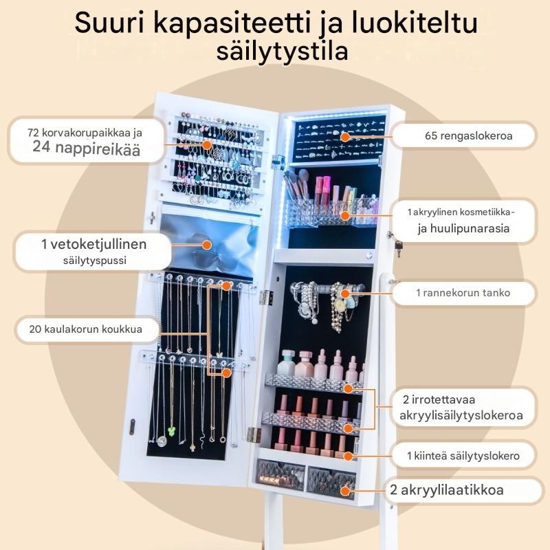 Valkoinen korukaappi peilillä ja 3-värisellä LED-valaistuksella