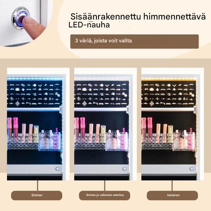 Valkoinen korukaappi peilillä ja 3-värisellä LED-valaistuksella