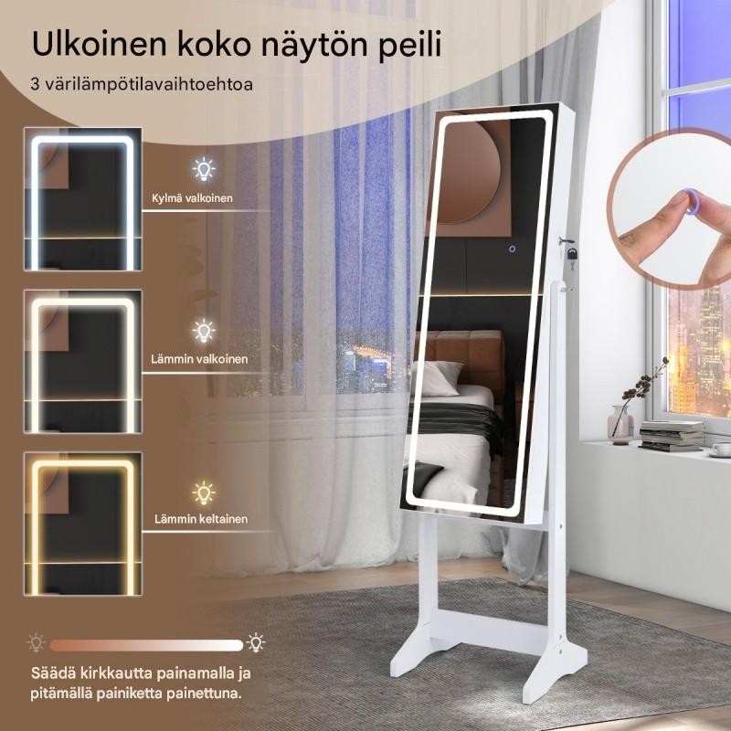 Valkoinen korukaappi peilillä ja 3-värisellä LED-valaistuksella
