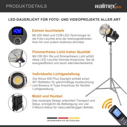 Walimex pro Niova 500 Plus Daylight LED-studiovalaisinsarja, 2 kpl, 500 W, Bowens-heijastin