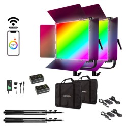 Walimex pro Rainbow LED 100 W RGBWW valaistussetti, 2x paneelivaloa, jalustat, V-Mount-akut ja laturit