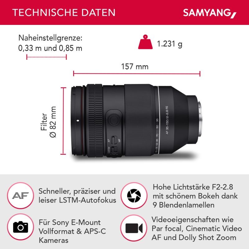 Samyang AF 35-150mm F2,0-2,8 FE zoom-objektiivi Sony E-kennoille, sääsuojaus