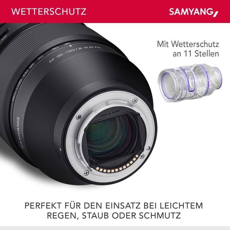 Samyang AF 35-150mm F2,0-2,8 FE zoom-objektiivi Sony E-kennoille, sääsuojaus