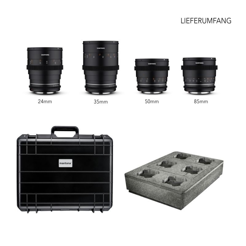 Samyang VDSLR MK2 objektiivisetti Canon EF 24mm, 35mm, 50mm, 85mm T1.5 ja kuljetuslaukku