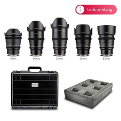 Samyang VDSLR MK2 MF video-objektiivisetti 14mm, 24mm, 35mm, 50mm, 85mm Sony E -kennolle, suojalaukulla