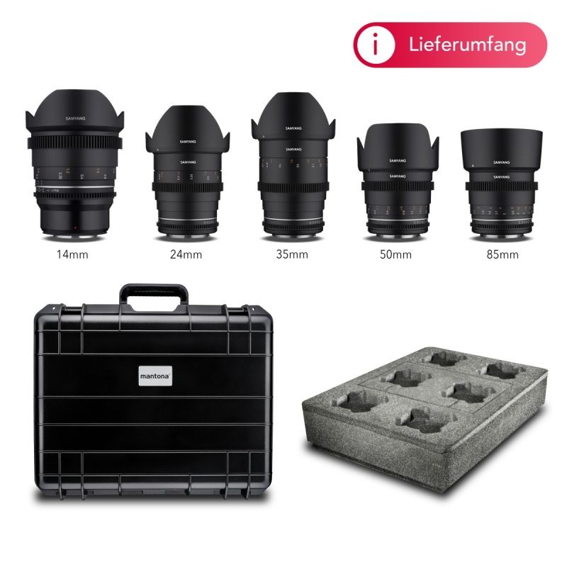 Samyang VDSLR MK2 video-objektiivisetti MFT 14mm, 24mm, 35mm, 50mm, 85mm ja suojalaukku