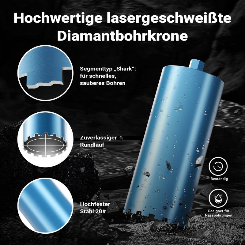 Timanttikruunu Typ 1 (Shark) 200 mm, pituus 450 mm, 1¼ UNC, märkäporaus betoniin, kiveen ja graniittiin