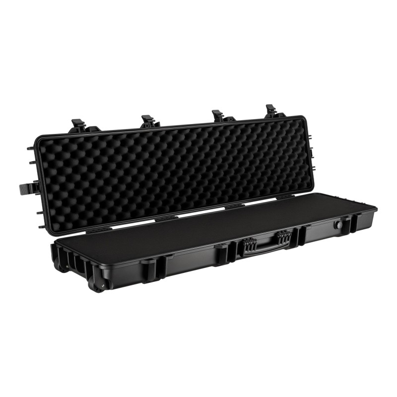 Pitkän aseen kuljetuslaatikko 1378 x 383 x 175 mm, musta, IP67, pyörillä ja vaahtomuovipehmusteella