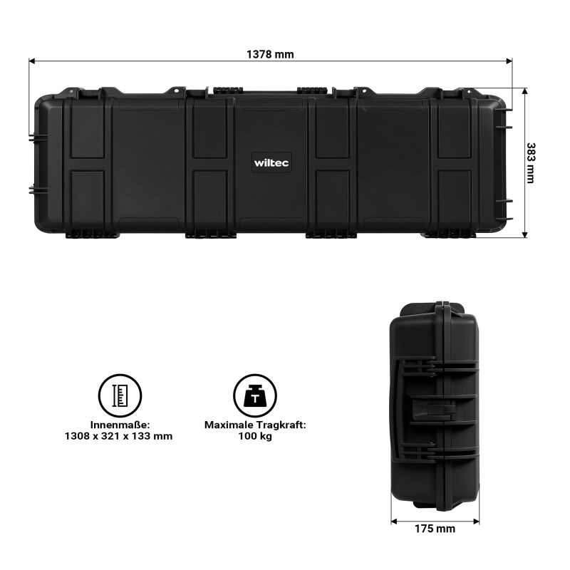Pitkän aseen kuljetuslaatikko 1378 x 383 x 175 mm, musta, IP67, pyörillä ja vaahtomuovipehmusteella