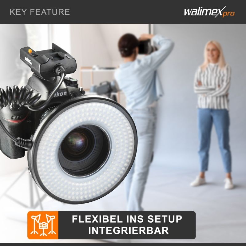 Walimex pro Macro LED-rengasvalosetti 14 W, 232 LED, säädettävä kirkkaus, sisältää minijalan