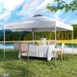 Pop-up-paviljonki 3 x 3 m, valkoinen, teräs, pyörillä, painopusseilla ja säädettävillä jaloilla