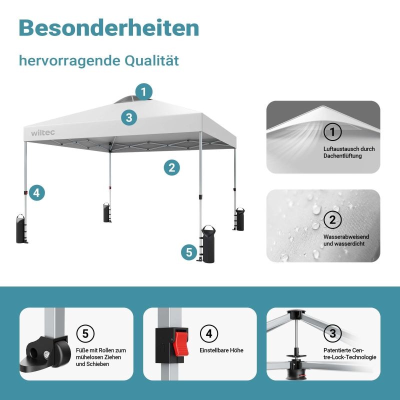 Pop-up-paviljonki 3 x 3 m, valkoinen, teräs, pyörillä, painopusseilla ja säädettävillä jaloilla