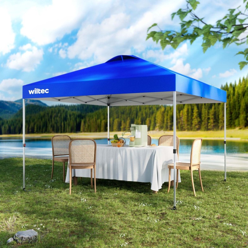 Pop-up-paviljonki 3 x 3 m, sininen, pyörillä, One Push -teknologia, painopussit ja säädettävät jalat