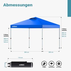 Pop-up-paviljonki 3 x 3 m, sininen, pyörillä, One Push -teknologia, painopussit ja säädettävät jalat