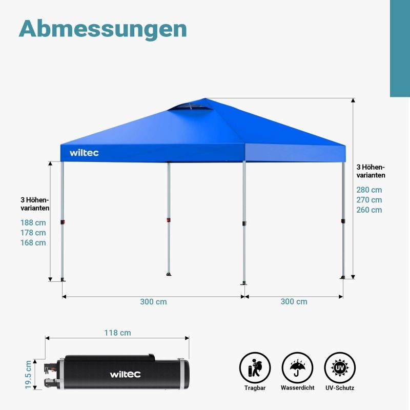 Pop-up-paviljonki 3 x 3 m, sininen, pyörillä, One Push -teknologia, painopussit ja säädettävät jalat