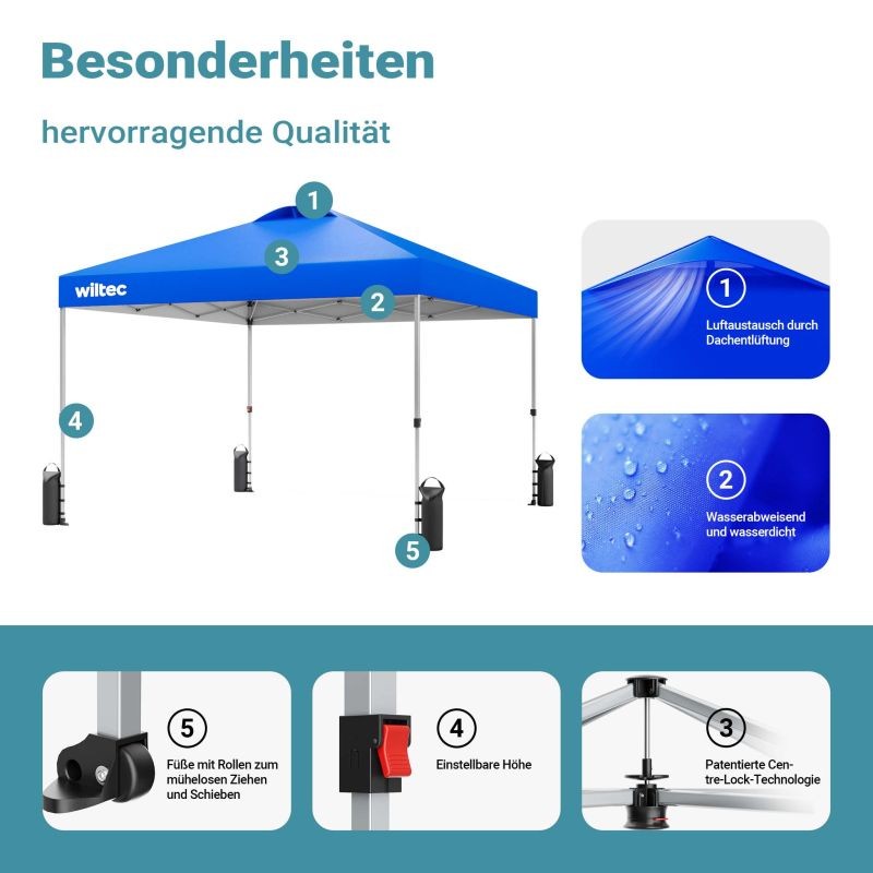 Pop-up-paviljonki 3 x 3 m, sininen, pyörillä, One Push -teknologia, painopussit ja säädettävät jalat