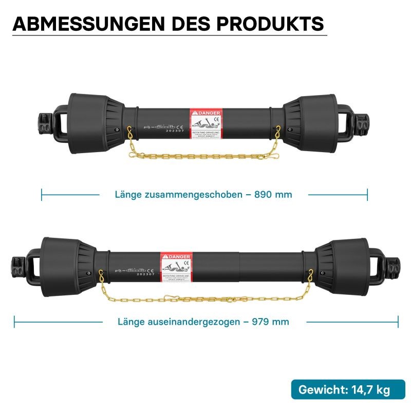 Voimansiirtokardaani T6 979 mm 830 Nm 540 rpm 74 kW 100 PS 34,9 mm 6 hammasta