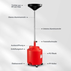 Öljynkeräysvaunu 75 l korkeudensäädettävä 145 185 cm suppilo 41 cm autoille ja moottoripyörille
