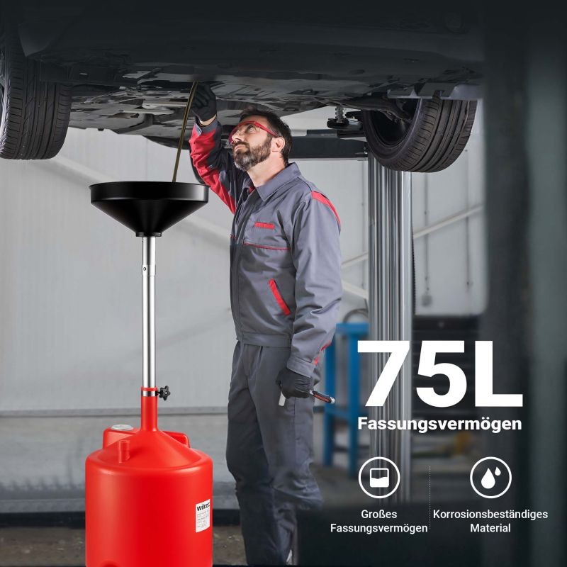 Öljynkeräysvaunu 75 l, korkeudensäädettävä 145–185 cm, suppilo 41 cm, autoille ja moottoripyörille