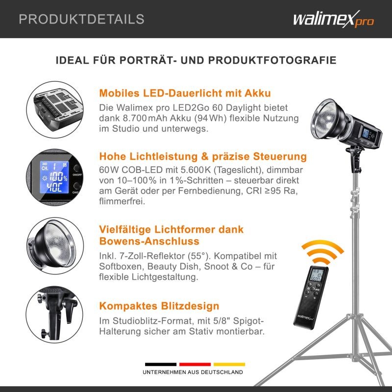 Walimex pro LED2Go 60 Daylight LED-jatkuvavalo 60 W akulla, Bowens S-Type