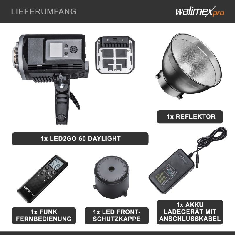 Walimex pro LED2Go 60 Daylight LED-jatkuvavalo 60 W akulla, Bowens S-Type