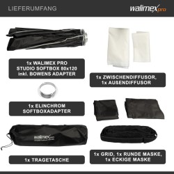 Walimex pro Studio softbox 80x120 cm kenno maskit Bowens ja Elinchrom adapterit kuljetuslaukku