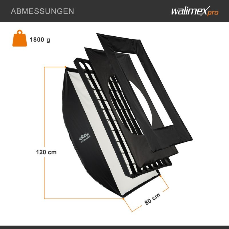 Walimex pro Studio Softbox 80x120 cm, Bowens- ja Hensel EH -adapterit, kenno, maskit ja kuljetuslaukku
