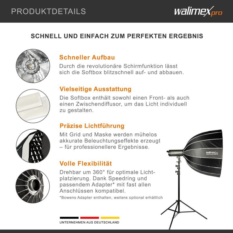 Walimex pro Parabolinen Softbox 90 cm, Profoto- ja Bowens-adapterit, kenno, maski ja kuljetuslaukku